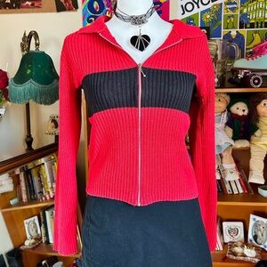 Red and Black Ribbed Zip-Up Sweater